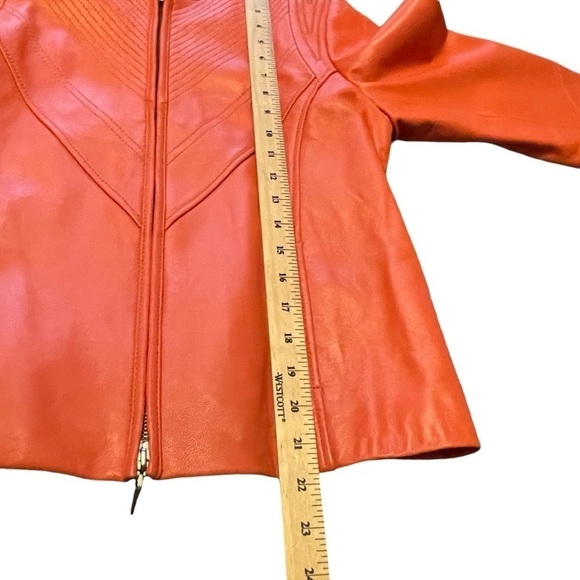 Bianca Nygard Orange Leather Crop Jacket-Zip up-Texturized Stitching - Size 8 - Picture 6 of 12